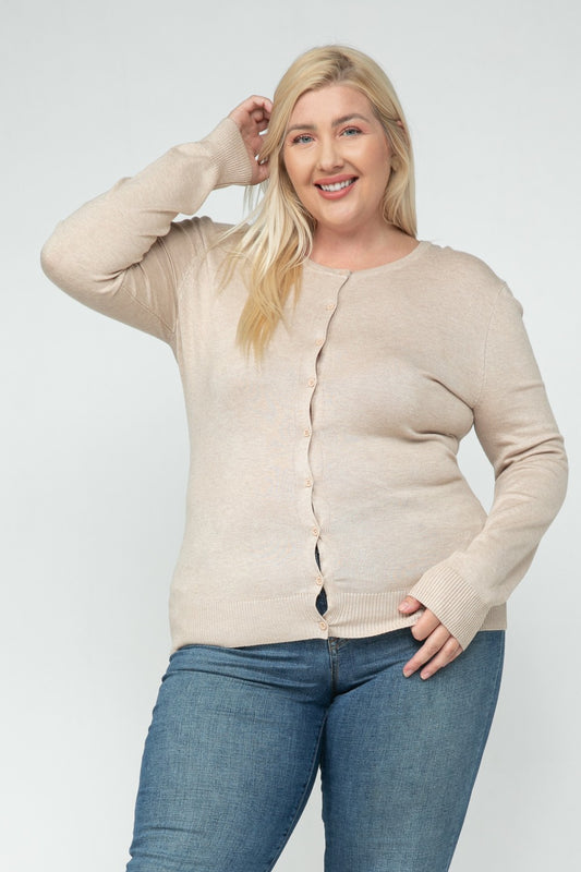Curvy Round Neck Button Cardigan in Khaki